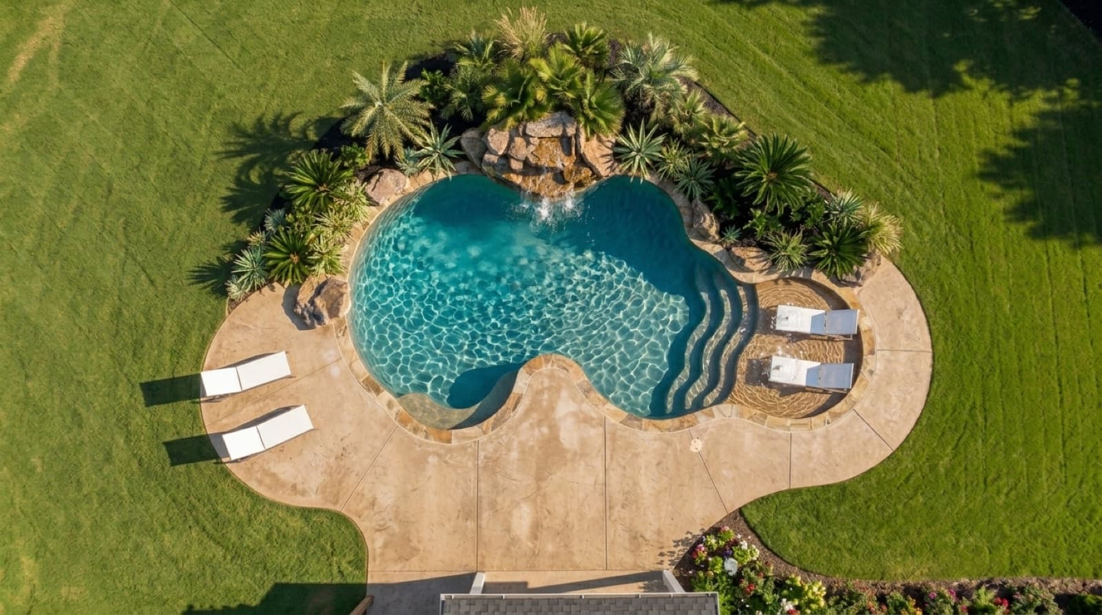 Free-form pool with rock waterfall, aerial view — completed build