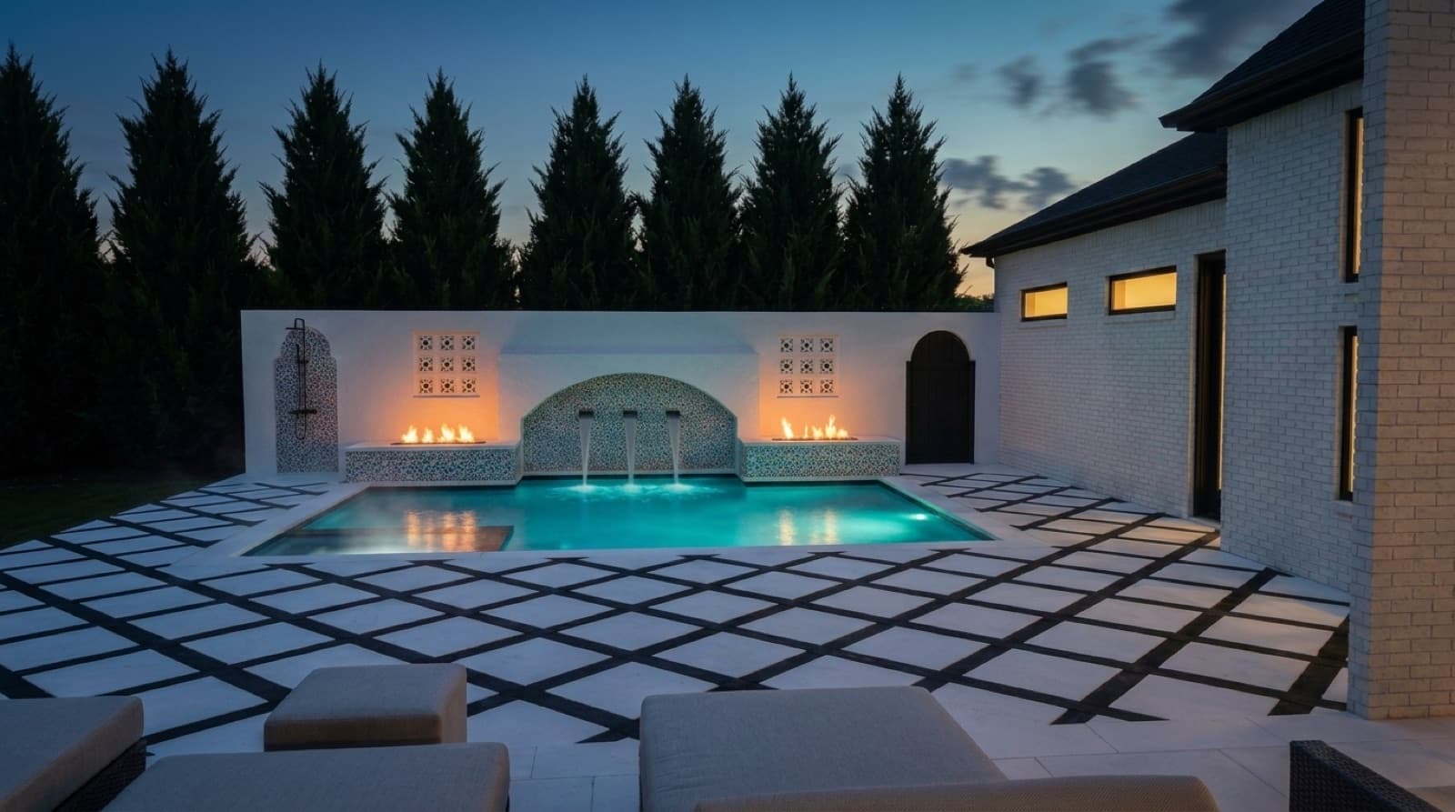 Custom pool with dual fire features at dusk — completed build