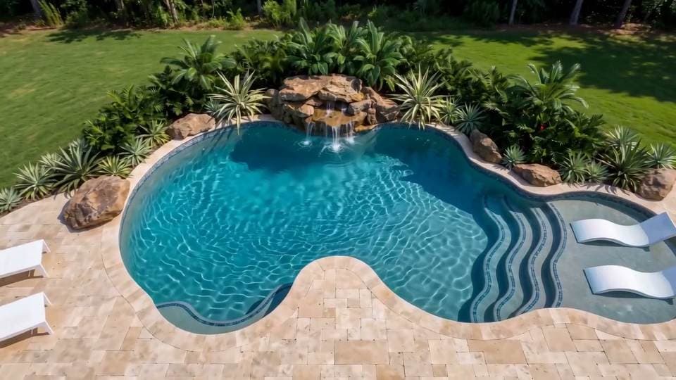 Jodie & Miguel's completed free-form pool with a rock waterfall and tanning ledge