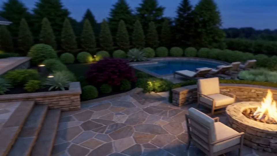 Kevin & Beth's completed custom pool, seen from the fire pit seating area